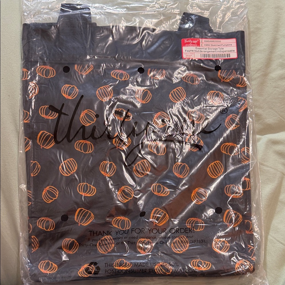 Thirty-One Black Essential Storage Tote  Sketched Pumpkins